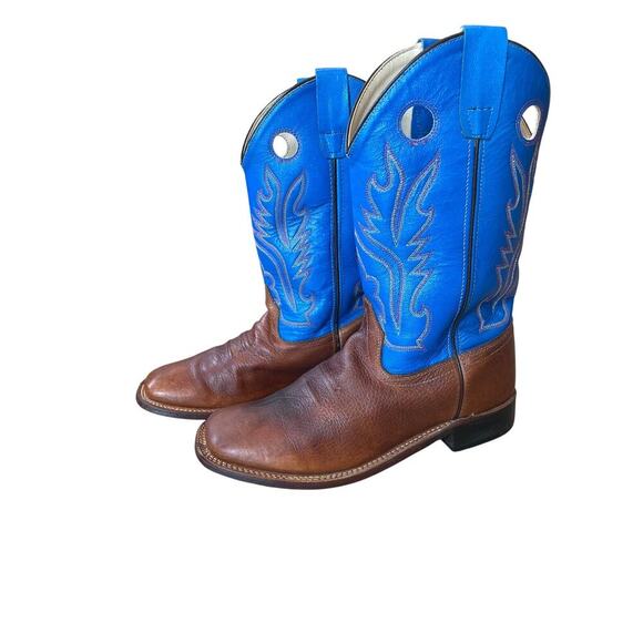 Old West BSY 1840 Cowboy Boots Brown Toe/Heel with Blue Shafts Size 6/7. - Picture 3 of 7